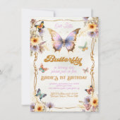 ゴールドグリッター蝶の誕生日招待状 招待状 (正面)