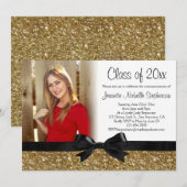 ゴールドグリッター調のリボンと蝶結びの写真 卒業式 招待状 (正面/裏面)