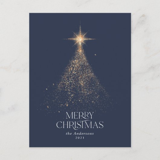 ゴールドグリッター輝き青モダンなクリスマスホリデー シーズンポストカード (正面)