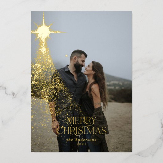 ゴールドグリッター輝き青モダンなクリスマスホリデー 箔シーズンカード (正面)