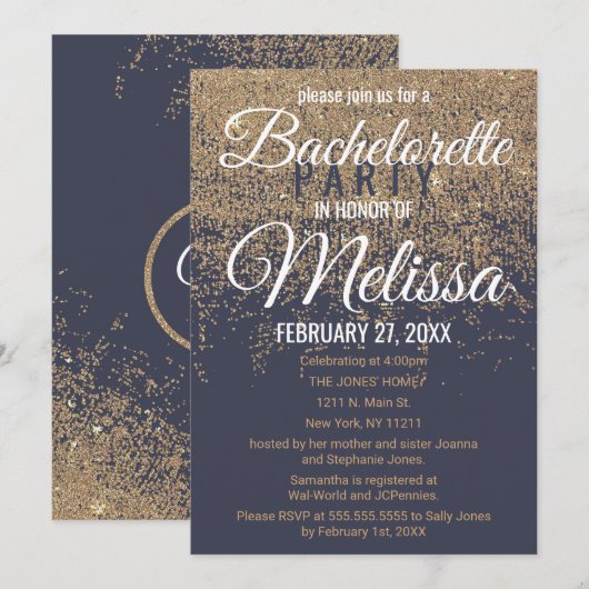 ゴールドグリッター輝き ネイビーブルー ブライズメイド 招待状 (正面/裏面)