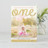 ゴールドグリッター1歳誕生日招待状 招待状 (スタンド正面)