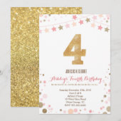ゴールドグリッター4歳誕生日招待状 招待状 (正面/裏面)