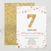 ゴールドグリッター7歳の誕生日パーティー招待状 招待状 (正面/裏面)