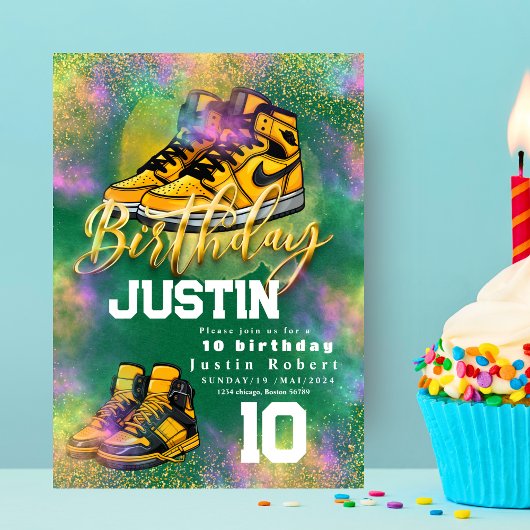 ゴールドグリッター スニーカー ボール 誕生日パーティー カラフル 招待状