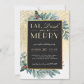 ゴールドグリッター スノー 食べて飲んで楽しく ホリデーパーティー 招待状 (正面)