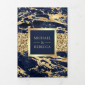 ゴールドグリッター ネイビーブルー マーブル フォト ウェディング 三つ折り招待状 (カバー)