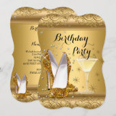 ゴールドグリッター ハイヒール コックテール 誕生日パーティー 4 招待状 (正面/裏面)