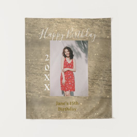 ゴールドグリッター ハッピー15歳の誕生日 写真 名前 年 タペストリー (正面)