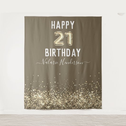 ゴールドグリッター ハッピー21歳誕生日 タペストリー (正面)