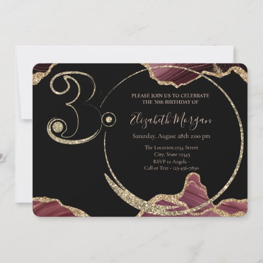  ゴールドグリッター バーガンディ マーブル 30歳の誕生日    招待状 (正面)