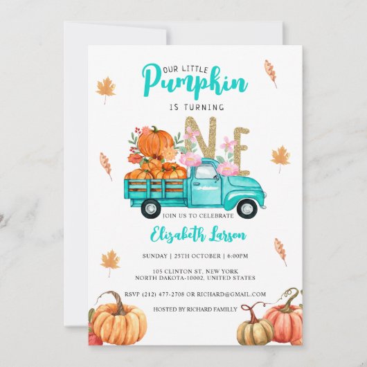 ゴールドグリッター バースデー パンプキン ブルー トラック テーマ 招待状 (正面)