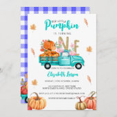 ゴールドグリッター バースデー パンプキン ブルー トラック テーマ 招待状 (正面/裏面)