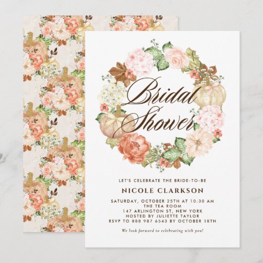 ゴールドグリッター パンプキンリース 秋のブライダルシャワー 招待状 (正面/裏面)