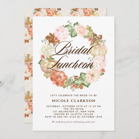 ゴールドグリッター パンプキンリース 秋のブライダルランチョン 招待状 (正面/裏面)