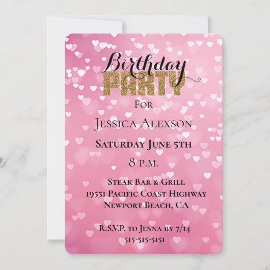 ゴールドグリッター パーティー ピンク ホワイト ハーツ 誕生日 招待状 (正面)