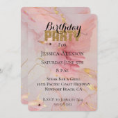 ゴールドグリッター パーティー ブラッシュ ピンクの鳥 誕生日 招待状 (正面/裏面)