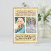 ゴールドグリッター パープル 3x5 卒業発表 招待状 (スタンド正面)