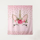 ゴールドグリッター＆ピンクフラワーユニコーンフェイス トレンディ タペストリー (正面)