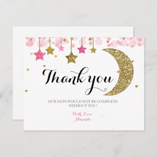 ゴールドグリッター ピンクムーン ありがとうカード サンキューカード (正面/裏面)