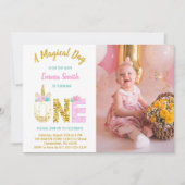 ゴールドグリッター ピンクユニコーン 1歳誕生日写真 招待状 (正面)