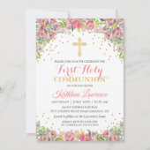 ゴールドグリッター ピンク フラワーファーストホーリーコミューン 招待状 (正面)