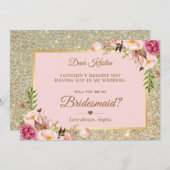 ゴールドグリッター ピンク フラワー あなたは私のブライズメイドになりますか 招待状 (正面/裏面)