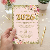 ゴールドグリッター ピンク フラワー バルーン 2023 卒業式 招待状
