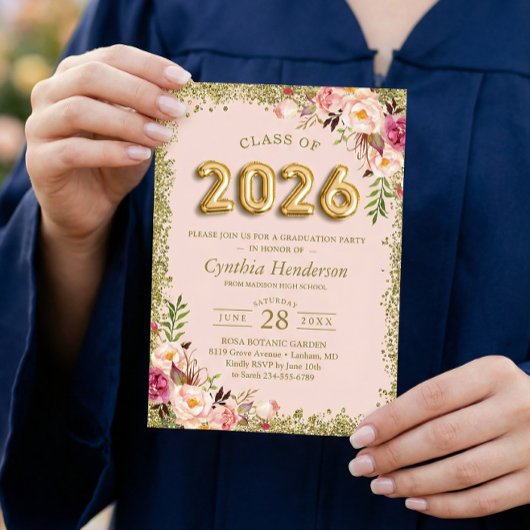 ゴールドグリッター ピンク フラワー バルーン 2023 卒業式 招待状