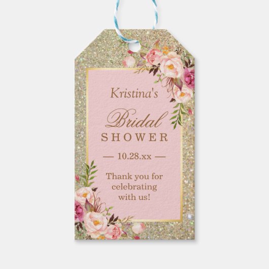 ゴールドグリッター ピンク フラワー ブライダルシャワー 感謝祭 ギフトタグ (正面)