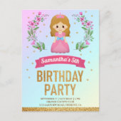 ゴールドグリッター ピンク フラワー プリンセス 誕生日パーティー インビテーションポストカード (正面)