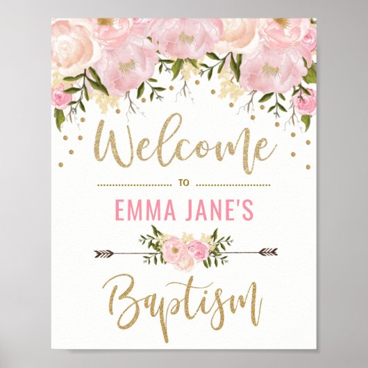 ゴールドグリッター ピンク フラワー 洗礼 ウェルカムサイン ポスター (正面)