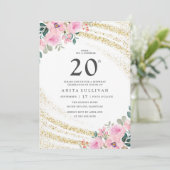 ゴールドグリッター ピンク フラワー 20歳の誕生日 招待状 (スタンド正面)