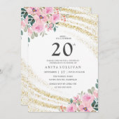 ゴールドグリッター ピンク フラワー 20歳の誕生日 招待状 (正面/裏面)