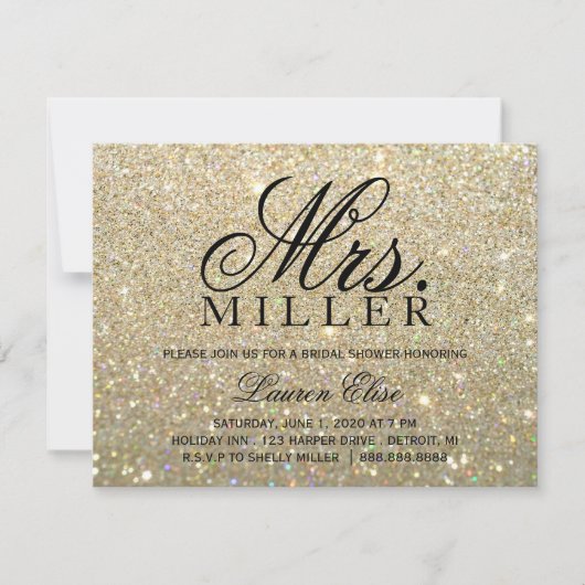 ゴールドグリッター ファビュラス ミセス ブライダルシャワーパーティー 2への招待 招待状 (正面)