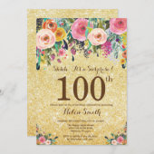ゴールドグリッター フローラル サプライズ 100歳の誕生日 招待状 (正面/裏面)