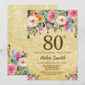 ゴールドグリッター フローラル 80歳の誕生日招待状 招待状 (正面/裏面)