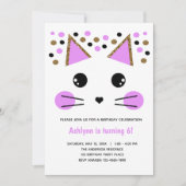 ゴールドグリッター ブラックとパープルの猫の誕生日 招待状 (正面)