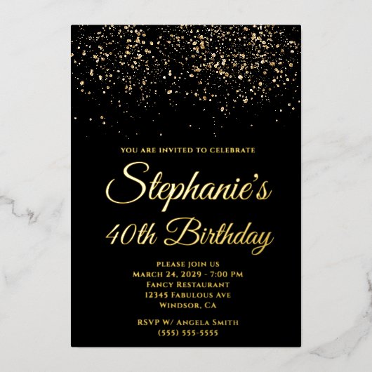 ゴールドグリッター ブラック 40歳の誕生日 箔招待状 (正面)