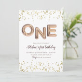 ゴールドグリッター ホイル風船 1歳 誕生日 ガール 招待状 (スタンド正面)
