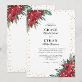 ゴールドグリッター ポインセチア フラワーズ クリスマス ウェディング 招待状 (正面/裏面)