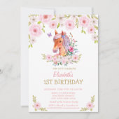 ゴールドグリッター ポニー フラワー バースデー 招待状 (正面)