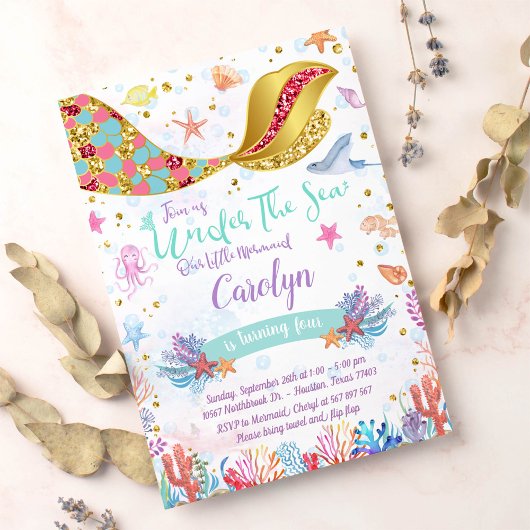 ゴールドグリッター | マーメイド アンダーザシー 誕生日 招待状