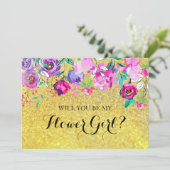 ゴールドグリッター ミント パープル フラワーズ フラワーガール カード (スタンド正面)