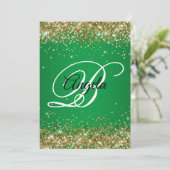 ゴールドグリッター モノグラム グリーンオンブル 50歳の誕生日 招待状 (スタンド正面)