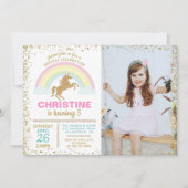 ゴールドグリッター ユニコーン レインボー 誕生日 フォト 招待状 (正面)