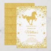 ゴールドグリッター ユニコーン 誕生日 招待状 (正面/裏面)