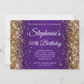 ゴールドグリッター ロイヤルパープル モノグラム 50歳の誕生日 招待状 (正面)