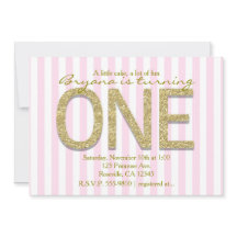 ゴールドグリッター ワン ピンクストライプ 1歳のパーティー招待状