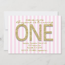 ゴールドグリッター ワン ピンクストライプ 1歳のパーティー招待状 招待状